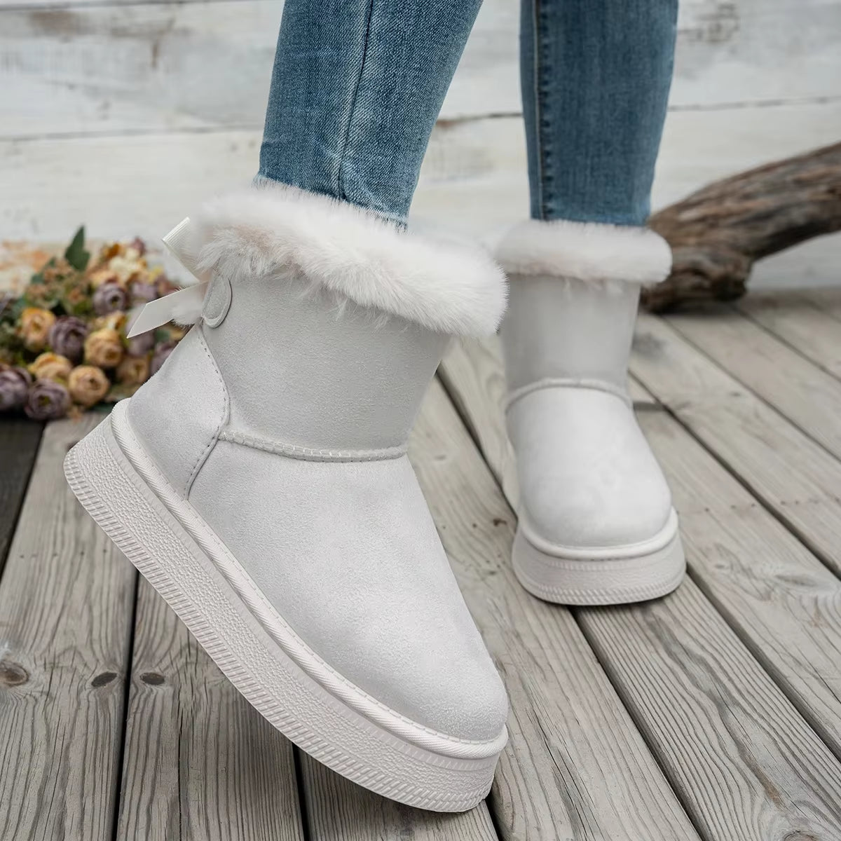 2025 New Women Boots Flat Wear-Resistant Soft Students plus Velvet Warm Women Shoes Fashion Bow round Toe Elegant Snow Boots
