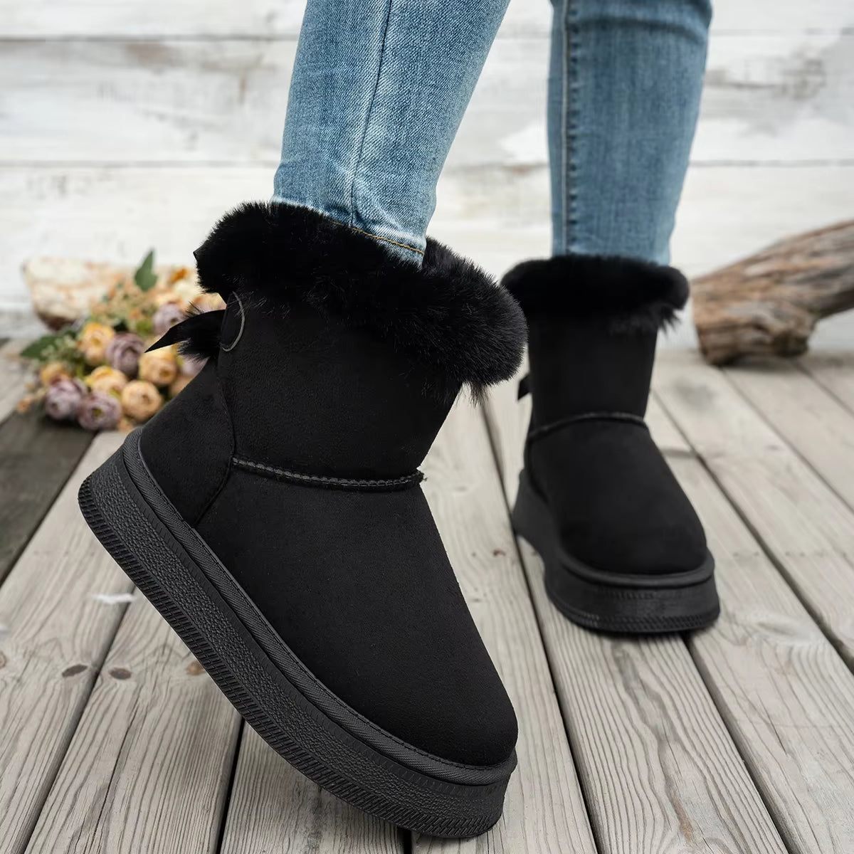 2025 New Women Boots Flat Wear-Resistant Soft Students plus Velvet Warm Women Shoes Fashion Bow round Toe Elegant Snow Boots
